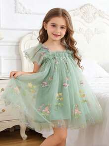 1pc Young Girl Lovely Ladylike Princess Dress With 3D Butterfly Decoration, Cap Sleeves, Floral Embroidery, And Puffy Tulle, Perfect For Parties, Birthdays, Beach Vacations, And Other Special Occasions, Spring/Summer/Autumn - Green - View 3