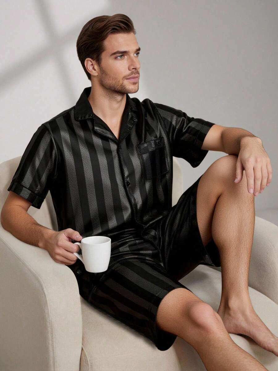 Black Satin Pajama Set For Men, Short Sleeve Shorts, Lightweight Breathable Quick-Dry Comfortable Fabric, Gift For Friends, Partners, Wedding Groomsmen, Party/Birthday - 黑色 - 查看 1
