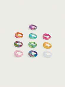 Kryxie 10pcs/Set Fashionable Geometric Resin Round Shaped Large Rings For Women's Party Accessories - Multicolor - View 5