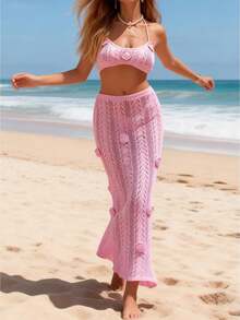 Women's 2pcs Beach Cover Up Halter Neck Crochet Flower Tops Long Knit Hollow Out Skirt Boho Vacation Party Going Out Outfit - 粉色 - 查看 1