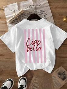 Damen Lässig Rot Handgeschriebenes "Ciao Bella" auf Italienisch bedeutet "Hallo, Schöne" vor einem weichen rosa gestreiften Hintergrund, Rundhals Kurzarm Lässig Frühling/Herbst/Sommer Damen T-Shirt, Valentinstag/Schulanfang für Damen T-Shirt Damen/Valentinstag für Damen, Urlaub Damen, Sommer für Damen, Valentinstag, Tops, Sommer, Valentinstag Weiß - Weiss - Übersicht 5
