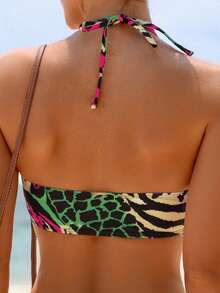 Boho Knot Lace Up Halter Bikini Set For Women, Sexy Backless Tie Side Swimwear With High Stretch - Multicolor - View 5