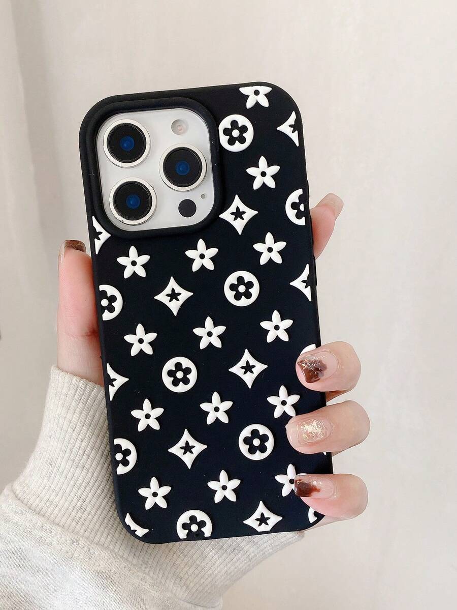 Ốp lưng điện thoại silicon thời trang mới với họa tiết ngôi sao và hoa, phù hợp với 16/17 Pro/Pro Max, ốp bảo vệ chống sốc cá tính và sáng tạo. - màu đen - Xem 1