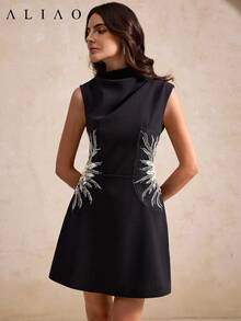 Aliao 春夏奢华珍珠装饰法式浪漫手工褶皱领短款连衣裙，优雅适合派对、婚礼、日常穿着，黑色 - 黑色 - 查看 5