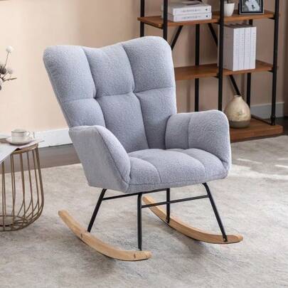 Cadeira de balanço moderna de meados do século XX, modelo 009, em tecido Teddy com capitonê, assento acolchoado, para sala de estar e quarto, cinza claro.