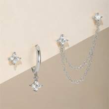 3件套铜锆石镀层链式耳环，时尚百搭，适合女性日常佩戴。 - 3件銅鋯鏈耳環 - 查看 3