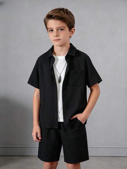 2pcs/Set Boys' Black Short Sleeve Shirt + Shorts, Summer Casual Loose Outfit, Suitable For Sports, Outings And School Wear