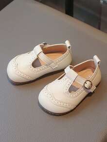1双女童软底真皮玛丽珍鞋，透气圆头休闲鞋，适合春、夏、秋季穿着 - 米色 - 查看 1