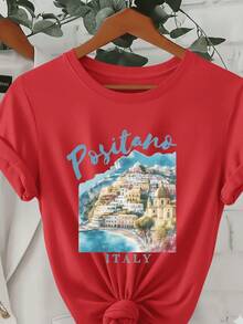 Tshirt Feminina Estilosa Estampada Italy Lançamento Camiseta 100% Algodão Camisetão Solta Oversized Plus Size Camiseta - Estampaê - Vermelho - Visão 1