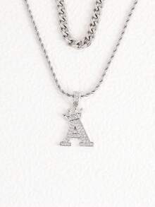 2pcs/Set Classic Simple Silver Stainless Steel With Zirconia 26 Letter Pendant Necklace Chain Necklace Stacked Necklace Street Hip Hop Jewelry Punk Style - Silver - View 4