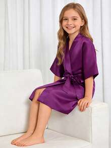Tween Girl Crossover Short Sleeve Casual Loungewear Purple Robe - Purple - View 4