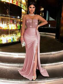 CHOSMO 大码女士优雅派对连衣裙，闪亮基础款绷带魅力成熟浪漫简约亮片露背亮片拼接缎带粉色婚礼春季连衣裙 - 粉色 - 查看 2