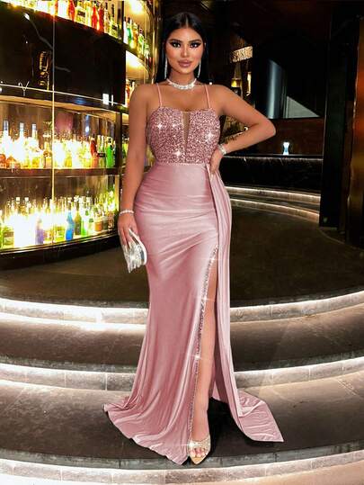 CHOSMO Plus Size Women's Elegant Party Dress, Shiny Basic Bandage Glamorous Mature Romantic Minimalist Sequin Backless Sequin Splice Ribbon