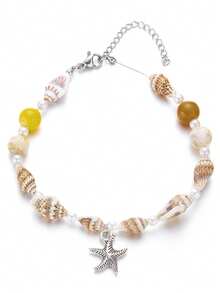 1件波西米亚风夏季贝壳、海星和珍珠串珠吊坠手链，适合女性街头、派对、海滩度假和日常佩戴 - 彩色 - 查看 3