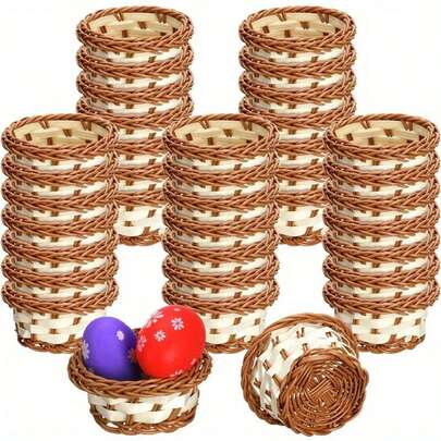 6pcs Mini Woven Picnic Baskets For Snacks, Decorations, Party Favors And Crafts - Whitewash End, PE Imitation Rattan Material, Compact Storage Bins For Easter Egg Display, Home Organization, Gift Presentation, Seasonal Prep, Portable Picnic Accessory, Durable Lightweight