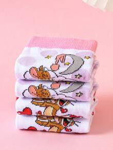 Noctvar OBM Sleepwear X TOM & JERRY 2双猫鼠图案女士短袜，可爱卡通爱心设计短袜，时尚猫鼠图案女士袜，傲娇兔子图案透气休闲男女通用袜，适合学生/成人作为礼物或日常穿着，情侣款 - 彩色 - 查看 6