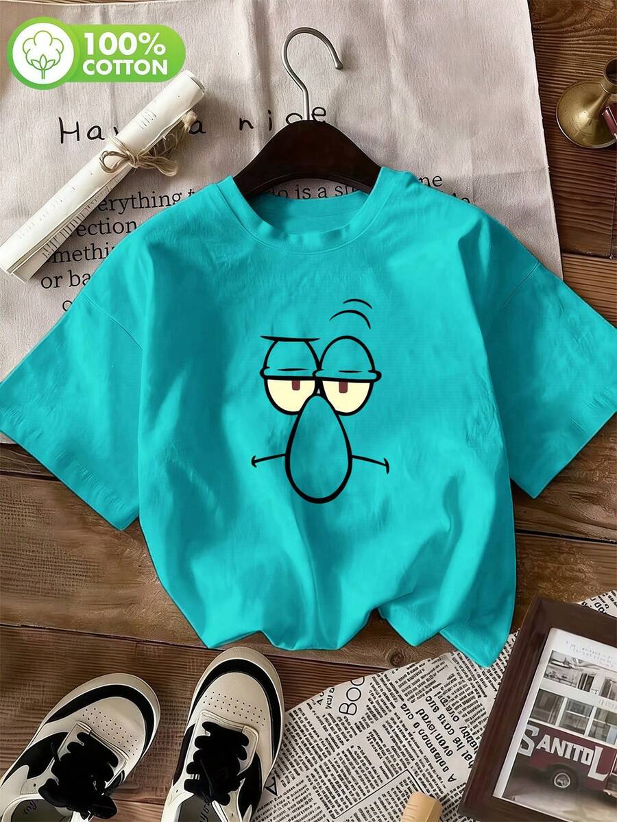 SpongeBob SquarePants Áo thun nữ tay ngắn cổ tròn màu trơn, dáng rộng, 100% cotton, mềm mại và thoải mái, phong cách thường ngày, thời trang đường phố, in hình hoạt hình Squidward dễ thương, áo thun mùa hè, quần áo mùa hè cho nữ, áo mùa hè, trang phục lễ hội cho nữ, phong cách Y2K, áo thun mùa thu đông vui nhộn, đi nghỉ mát, đi biển, thường ngày, quần áo thập niên 90, áo dễ thương, quần áo lễ Phục sinh cho nữ, lễ hội hóa trang, mọi mùa, văn phòng/phòng khách/nhà/thể thao ngoài trời/đơn giản, phong cách phương Tây cho nữ, trang phục, áo màu xanh lá cây hồ. - Hồ Xanh - Xem 1