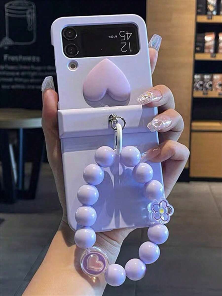 Casing Ponsel Lipat Warna Solid Bentuk Hati Lucu Gaya Y2K Casing Ponsel Lipat Warna Solid Bentuk Hati dengan Rantai Manik-manik Bunga Kelinci Kartun 3D Kompatibel dengan Galaxy Z Flip7 Flip6 Flip5 Flip4 3 Casing Belakang Keras PC Matte Lucu dan Menggemaskan Hadiah Kelinci Musim Semi
