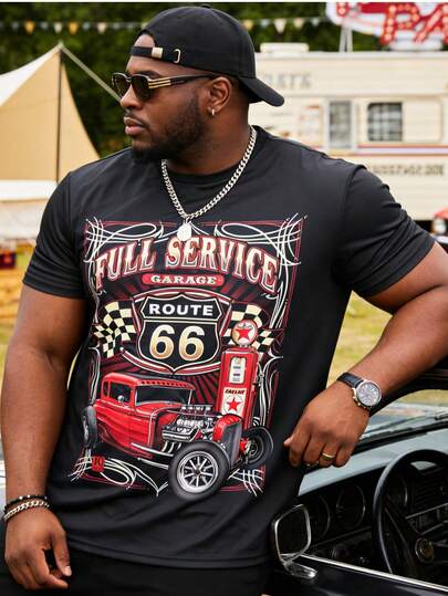 Plus Size Men's Energetic 3D Car Print T-Shirt - Short Sleeve, Novelty Retro Style T-Shirt, Suitable For Summer Outings, Street Fashion And Daily Wear