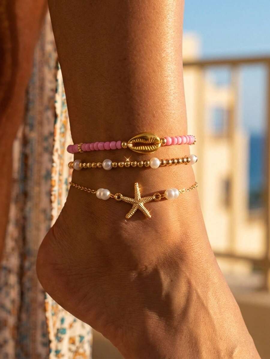 3pcs/Set Bohemian Beach Seashell Necklace, Women Starfish Beaded Necklace, Unique Design Clavicle Chain, Suitable For Party, Travel, Daily Wear, Gift - Multicolor - View 1