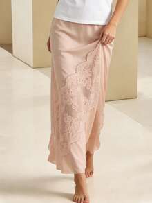Women's Long Skirt Casual Lace Patchwork Solid Color Stylish Mid Rise Skirt For Spring And Summer - Pink - View 2