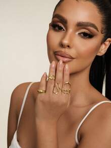 4pcs/Set Fashionable Bohemian Geometric Hollow Asymmetric Abstract Design Adjustable Gold Rings Set, Women Jewelry Accessories - Yellow Gold - View 3