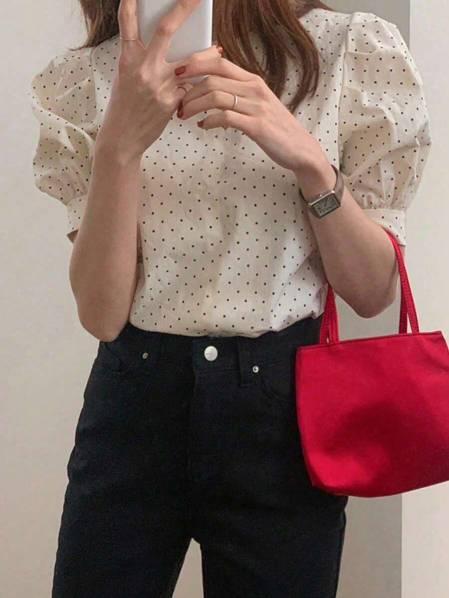 女士波点印花圆领短袖休闲时尚衬衫，春夏款 - 米色 - 查看 1