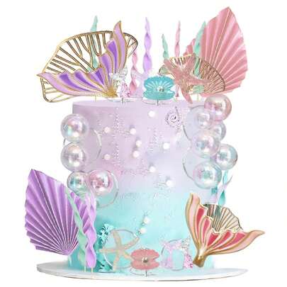 Mermaid Cake Decorating Set, Includes Large Mermaid Tail, Seaweed Bubbles, Shells And Gold Ginkgo Leaves, Suitable For Mermaid Themed Birthday Party Decoration, Mermaid Cupcake Decoration, Underwater Theme Cake Decoration, Anniversary, Family Gathering And More.