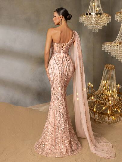 Faeriesty Elegante vestido largo de lentejuelas de sirena con un solo hombro - Abertura alta con parche de malla, bordado de cristal en todo el Body, adecuado para citas románticas, bodas en el desierto, galas de alfombra roja y fiestas formales de primavera