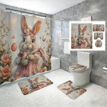 1/4pcs Easter Vintage Pink Dress Rabbit Floral Bathroom Four-Piece Set Home Decor, Bathroom Curtain, Bathroom Set, Including Shower Curtain And Bathroom Mat Set. This Decorative Bathroom Set Includes A Shower Curtain, U-Shaped Toilet Mat, Non-Slip Floor Mat, Toilet Lid Cover, And 12 Shower Curtain Hooks. It's Suitable As A Gift For Housewarmings, Birthdays, Holidays, And For Couples. - A - View 3