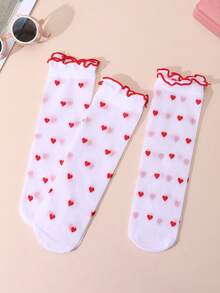 3 Pairs Girls' Heart Pattern Mid-Calf Socks, Breathable Silk Stockings For Spring/Summer, Heart Element All-Match Versatile Socks - Multicolor - View 10