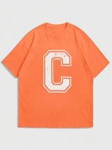 男士时尚街头休闲字母印花短袖T恤 - 橘色 - 查看 3