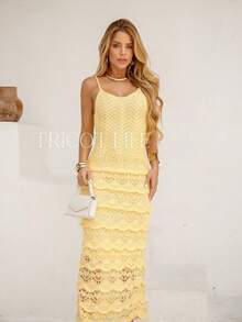 Midi Dress In Floral Knit With Lace Detailing, Cutouts, Lined, And Thin Straps. Perfect For Parties, New Year's Eve, Beach, Premium, And Elegant. - 奶油黃 - 查看 6