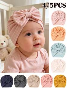 4/5pcs Newborn Baby Girl Hats, Bow Headband Caps Suitable For 0-12 Months, Soft Elastic Infant Shower Gift, 1st Birthday Present - Multicolor - View 3