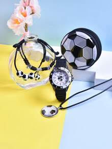 5pcs/Set 2026 New Boys' Gift Set, Including Football Sports Watch With LED Light, Quartz Wristwatch, Football Coin Purse, Earphone Storage Box, Pendant Necklace And Bracelet - Black - View 6