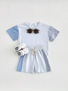 2pcs/Set Unisex Baby/Toddler Casual Solid Color Patchwork Short Sleeve T-Shirt And Shorts Summer Outfit - Blue - View 4