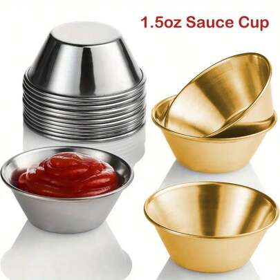 15pcs SUS304 Stainless Steel Dipping Sauce Cups, 1.5 Oz Reusable Metal Small Dishes, Commercial Grade Condiment Bowls, Individual Sauce Containers, Small Round Soup Cups, Suitable For Home/Restaurant/Charcuterie Board/Cheese Board, Christmas/Halloween/Thanksgiving