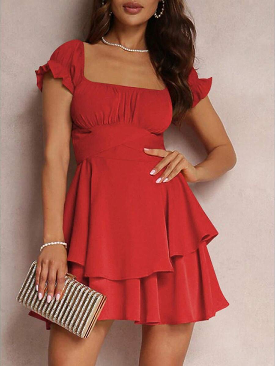 Women's Mini A-Line Dress Solid Color Ruffled Sleeves Square Neck Layered Hem Dress - 紅色 - 查看 1