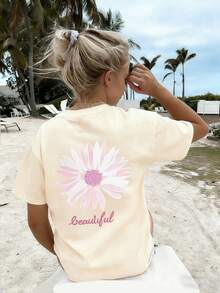 Tween Girl Floral Print Round Neck T-Shirt, Summer Top - Apricot - View 3