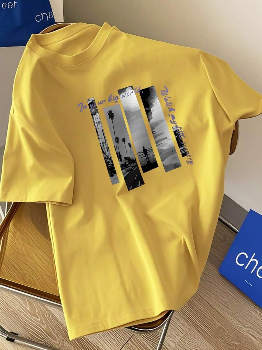 Kaos Kasual Pria Lengan Pendek Leher Bulat Motif Pemandangan & Huruf yang Modis dan Serbaguna, Musim Panas - Kuning - View 1