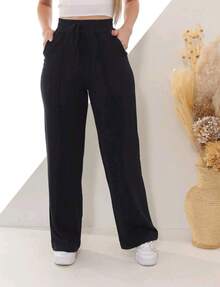 High-Waisted Wide-Leg Pants With Crease, Plain Wool, For Winter. - Black - View 4