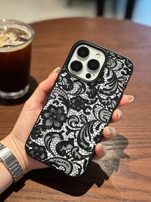 1pc Black Lace Print Design Phone Case, Luxury High-End Suitable For IPhone17 Pro Max/17 Pro/16 Pro Max/16 Pro/16/15 Pro Max/15 Pro/15/14 Pro Max/14 Pro/14/13 Pro Max/13 Pro/13/12 Pro Max/12 Pro/12/11 - Black - View 3