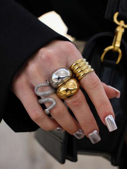 Minimalist Bold Dome & Snake Wrap Stackable Ring Set, Mixed Metal Chunky Rings For Women, Modern Aesthetic Fashion Jewelry