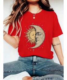 Women's Bohemian Style T-Shirt With Mysterious Moon And Sun Face Pattern Print, Vintage Hippie Style, Short Sleeve Casual Round Neck Top, Perfect Choice For Spring And Summer Women's Fashion 2025 - 紅色 - 查看 2