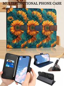 Vibrant Sunflower Art Floral Design, Premium Durable Flip Wallet Phone Case, Compatible With IPhone 16,15,14,13,12 Pro Max,11, With Foldable Stand And Credit Card Slots, Water-Resistant, Shockproof, Drop-Proof, Scratch-Resistant, Full Coverage Protection, Compatible With IPhone 17/17 Pro/17 Pro Max/17 Air. - Blue - View 6