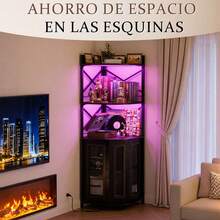 Muebles de cocina, vinoteca con luces LED, barra de bar para el hogar, con toma de corriente, botellero de cinco niveles para copas de vino, mueble de almacenaje, ideal para comedores, salas de estar y despachos - Negro - Ver 6
