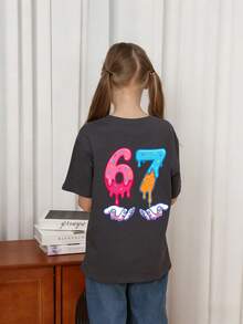 Áo thun in hình hoạt hình kem "67" dành cho bé gái tuổi teen, kiểu áo mùa hè thời trang cho bé gái. - Màu xám đen - Xem 2