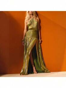 Sleeveless Backless Women's Metallic Pleated Split Strap Neck Dress - 粉色 - 查看 3