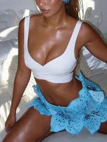 Women's 3D Floral Skirt, High Waist Textured Flower Applique A-Line Midi Skirt For Party, Wedding, Streetwear - 藍色 - 查看 6