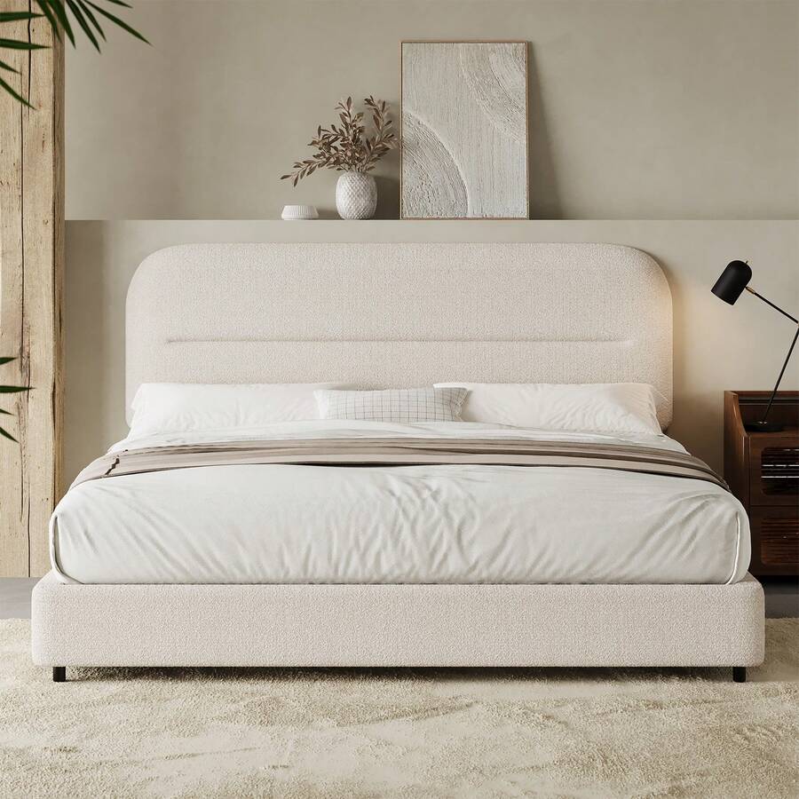 Queen Bed Frame With Headboard, Boucle Upholstered Soft Platform Bed Frame With Thickened Footboard,  Rounded Corners Design, Twin/ Full/ Queen/ King, Grey/ White/ Beige/ White/ Black - Màu be - Xem 1